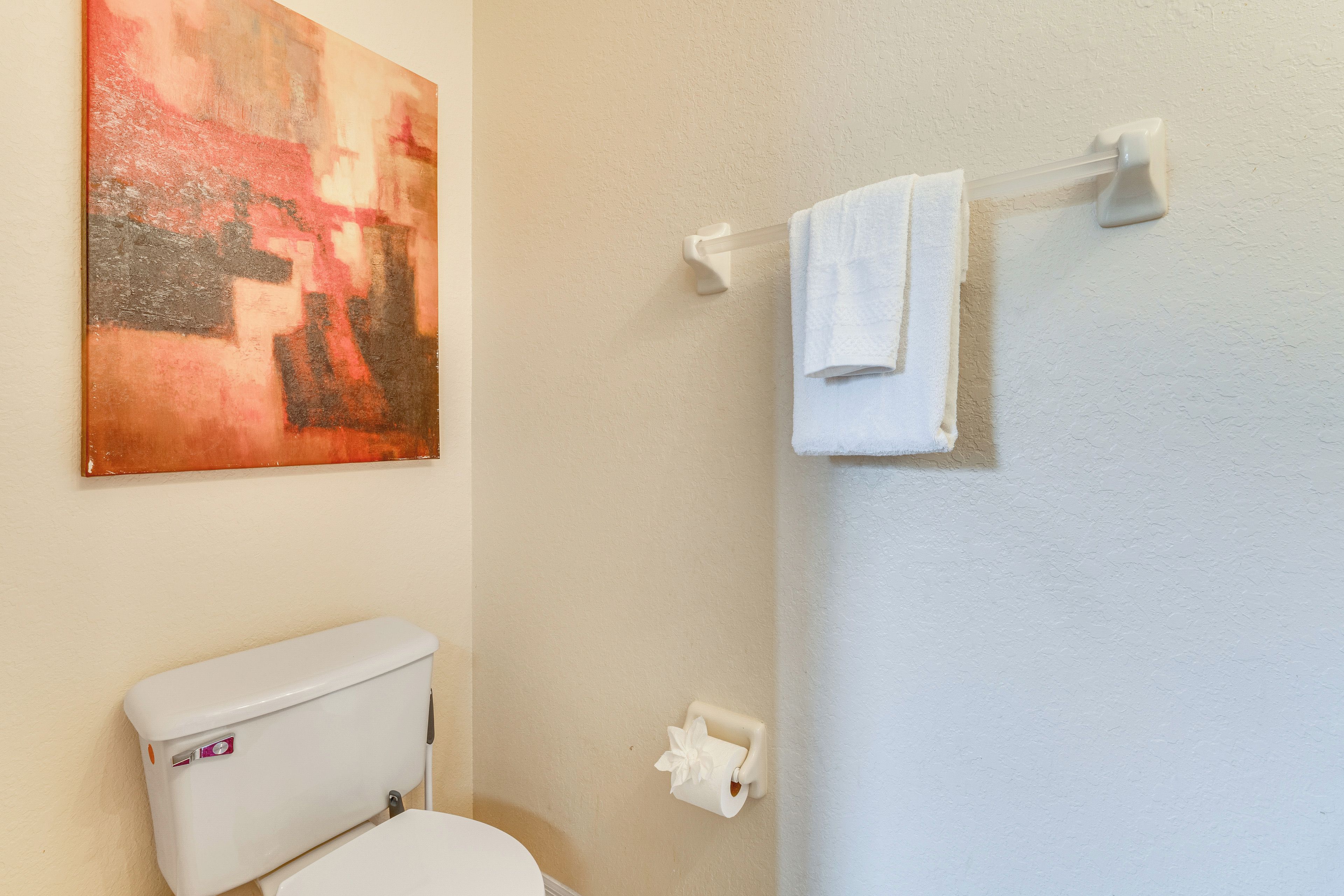 Ein Badezimmer mit Toilette, Handtuchhalter und einem Bild an der Wand.
