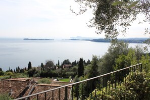 A terrace with a view of a large body of water, surrounded by greenery and buildings with terracotta roofs.