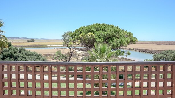 A wooden deck with a view of a lake, trees, and distant hills.
