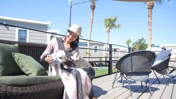 A person sitting on a wicker sofa with a dog, on a wooden deck with chairs and palm trees in the background.