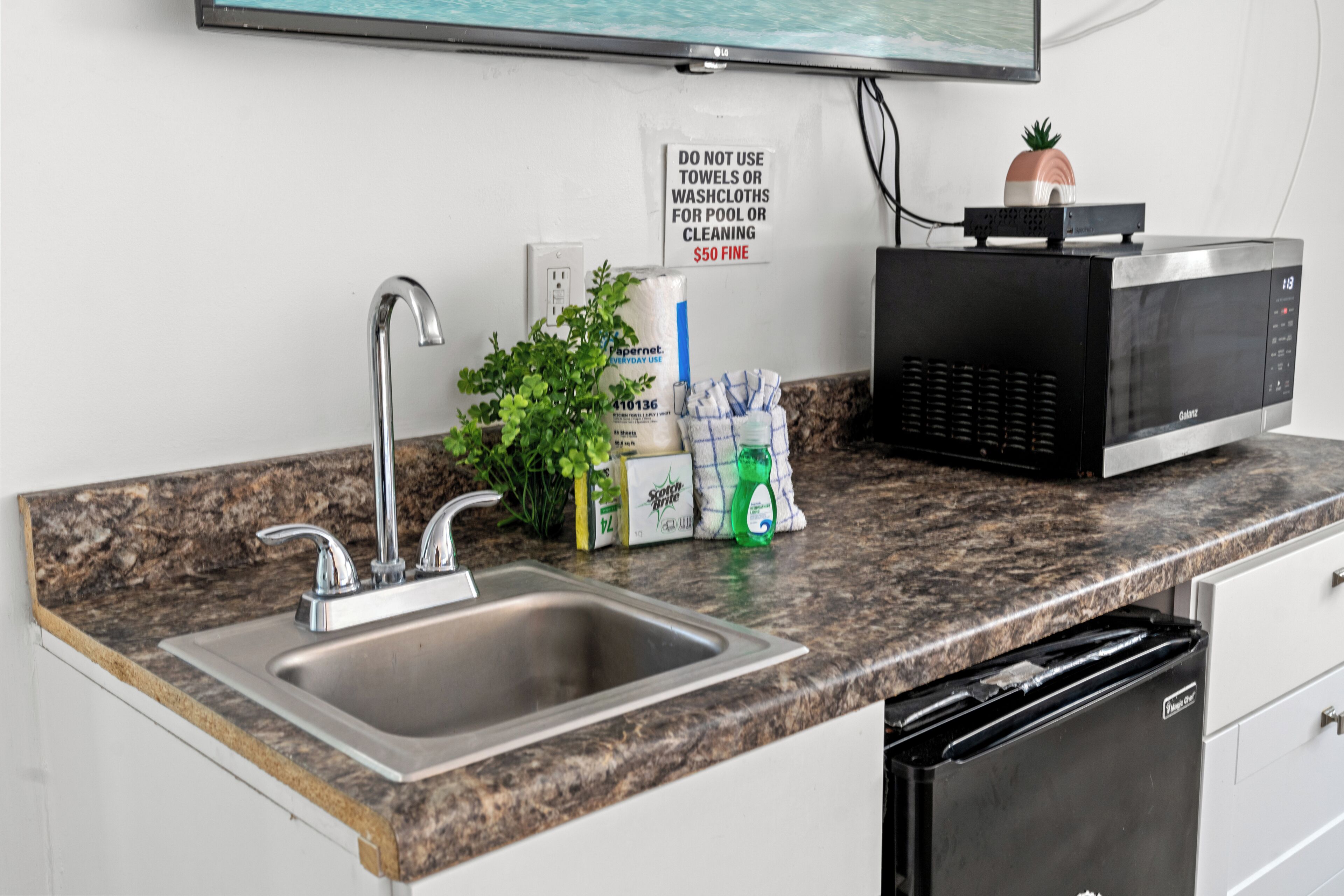 Una cocina con encimera de granito, pileta de acero inoxidable y microondas. Hay un cartel en la pared, una planta en maceta y productos de limpieza en la encimera.