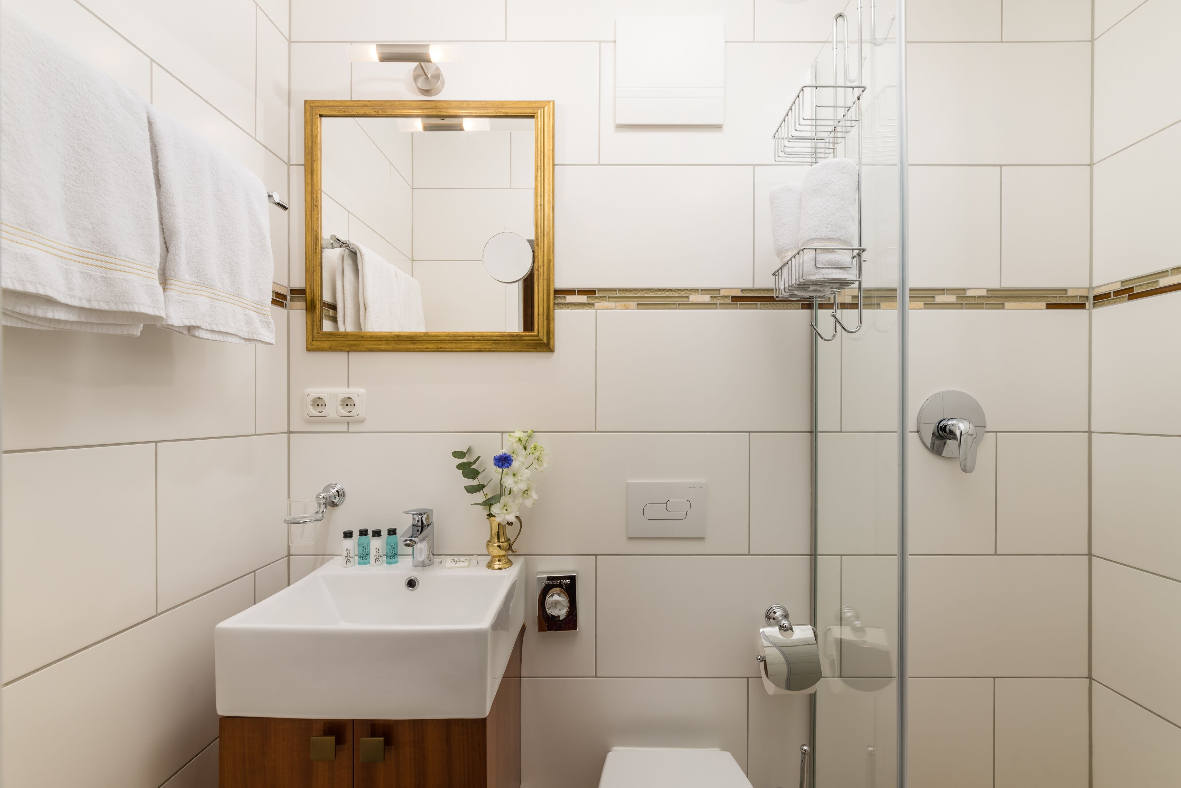 free toiletries, hair dryer, slippers, towels