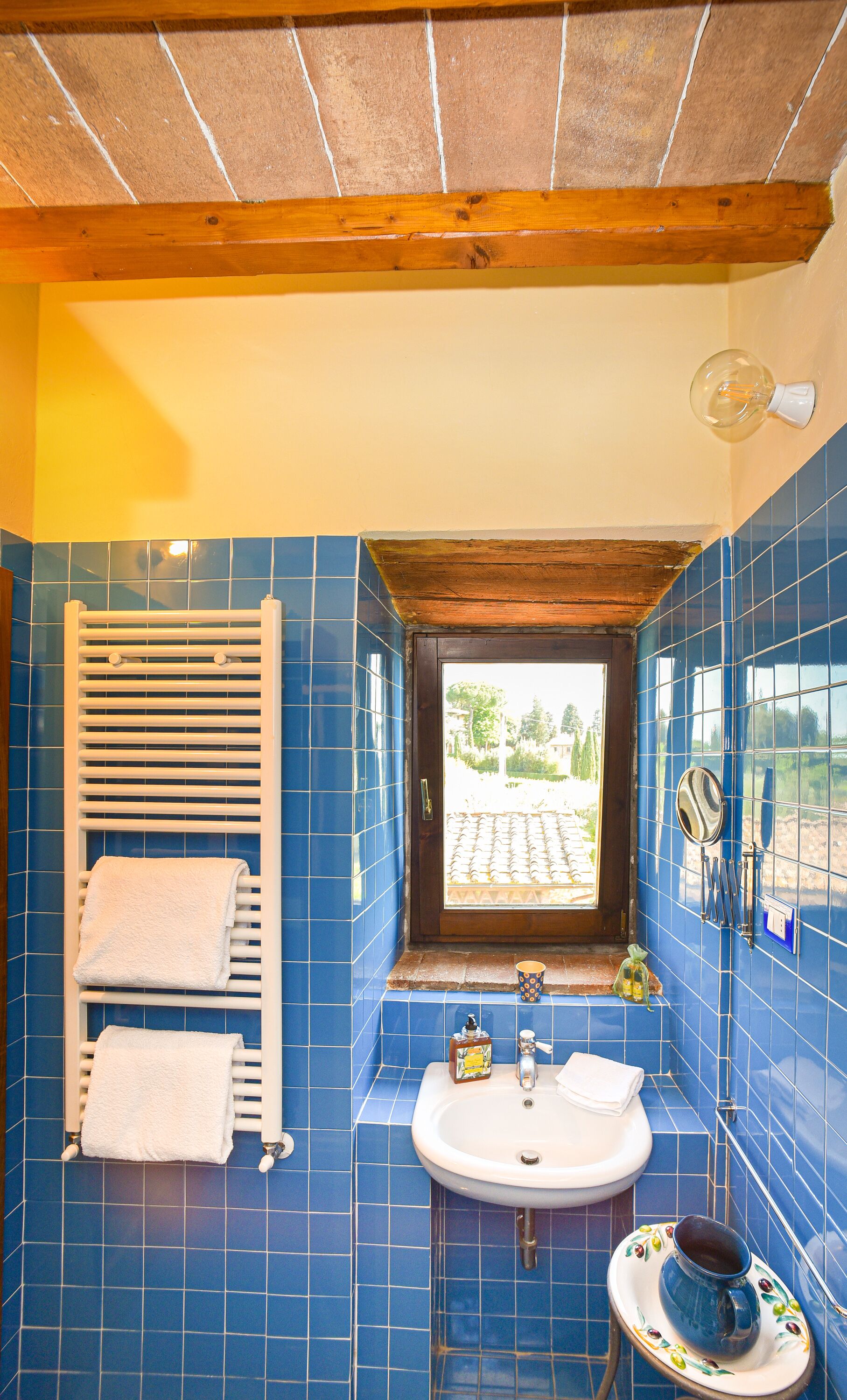Een badkamer met blauwe tegels, een witte wastafel, een handdoekhouder en een raam met uitzicht op een tuin.