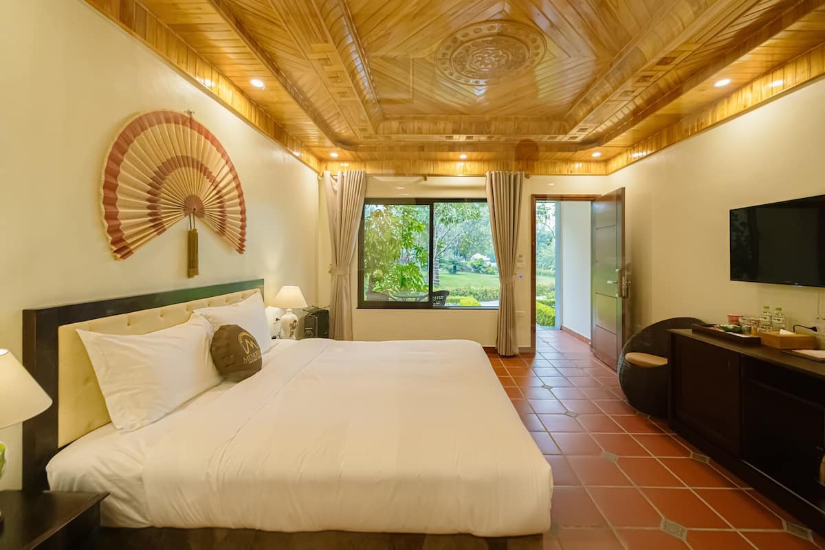 A hotel room with a large bed, a fan, a TV, and a view of the outdoors.