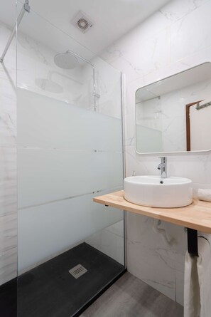 Shower, hair dryer, towels