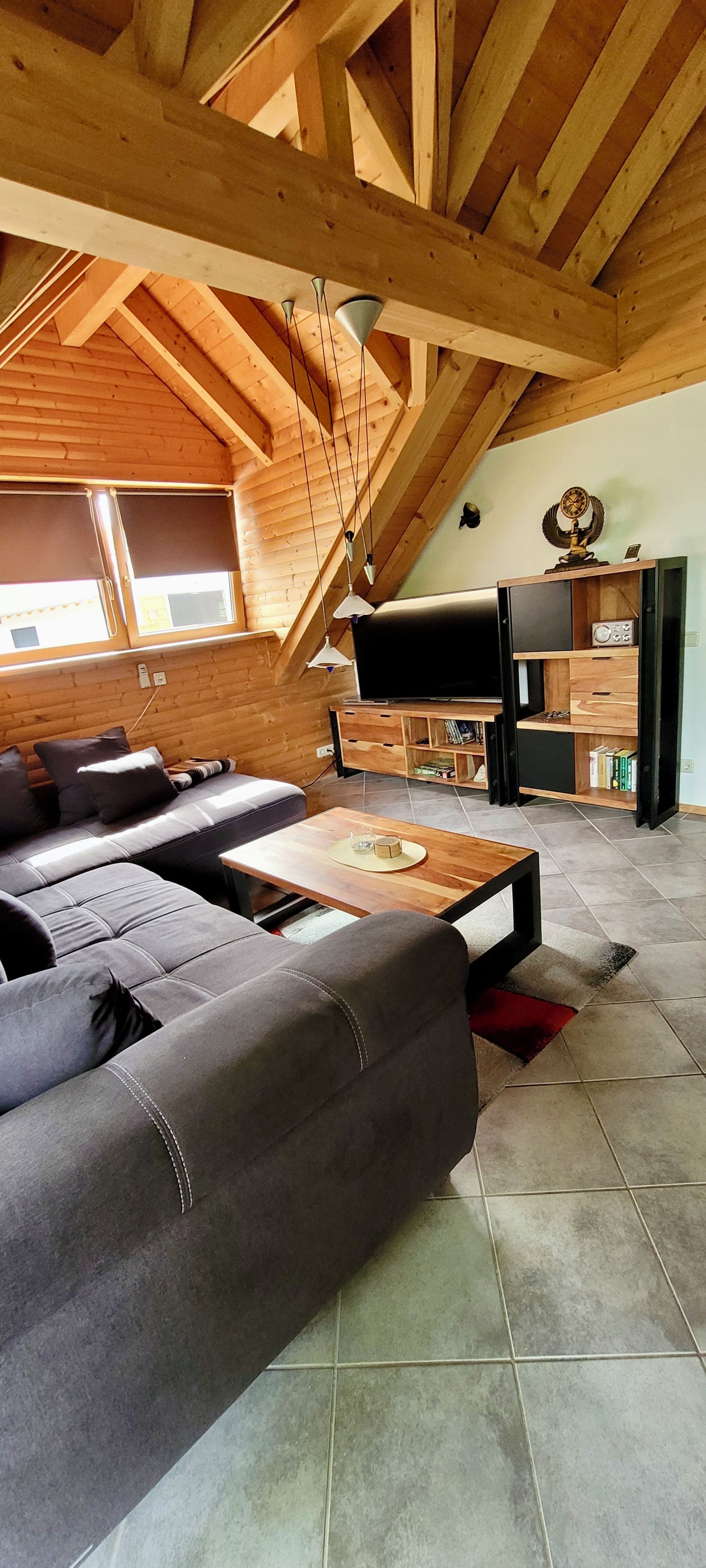 Een moderne woonkamer met een schuine kap, een bank, een salontafel en een televisie.