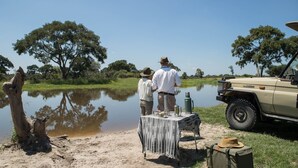 Una mesa con equipo de camping y un vehículo cerca de un cuerpo de agua.