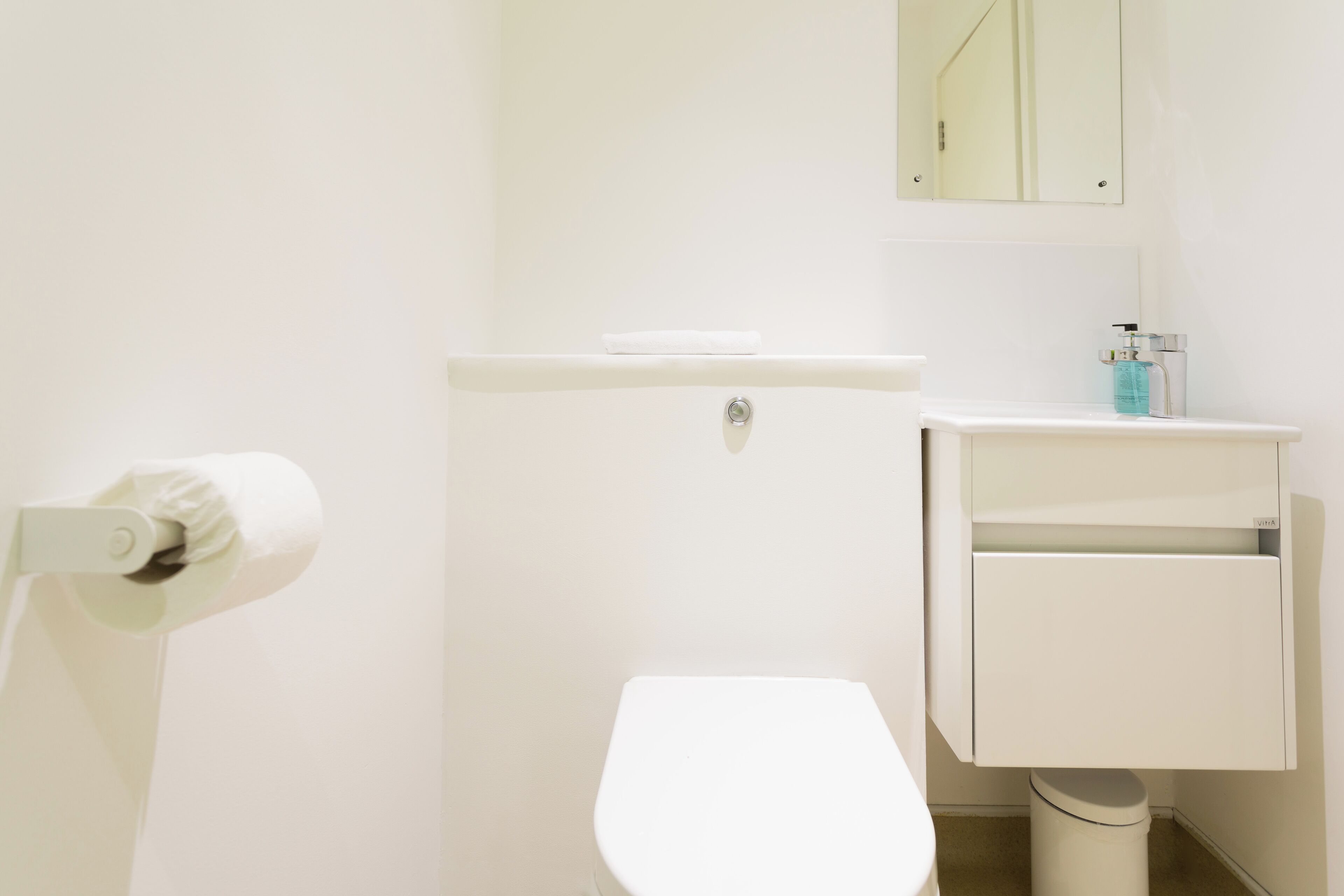 Et hvidt badeværelse med et toilet, en vask med et spejl over og toiletpapir på en holder.