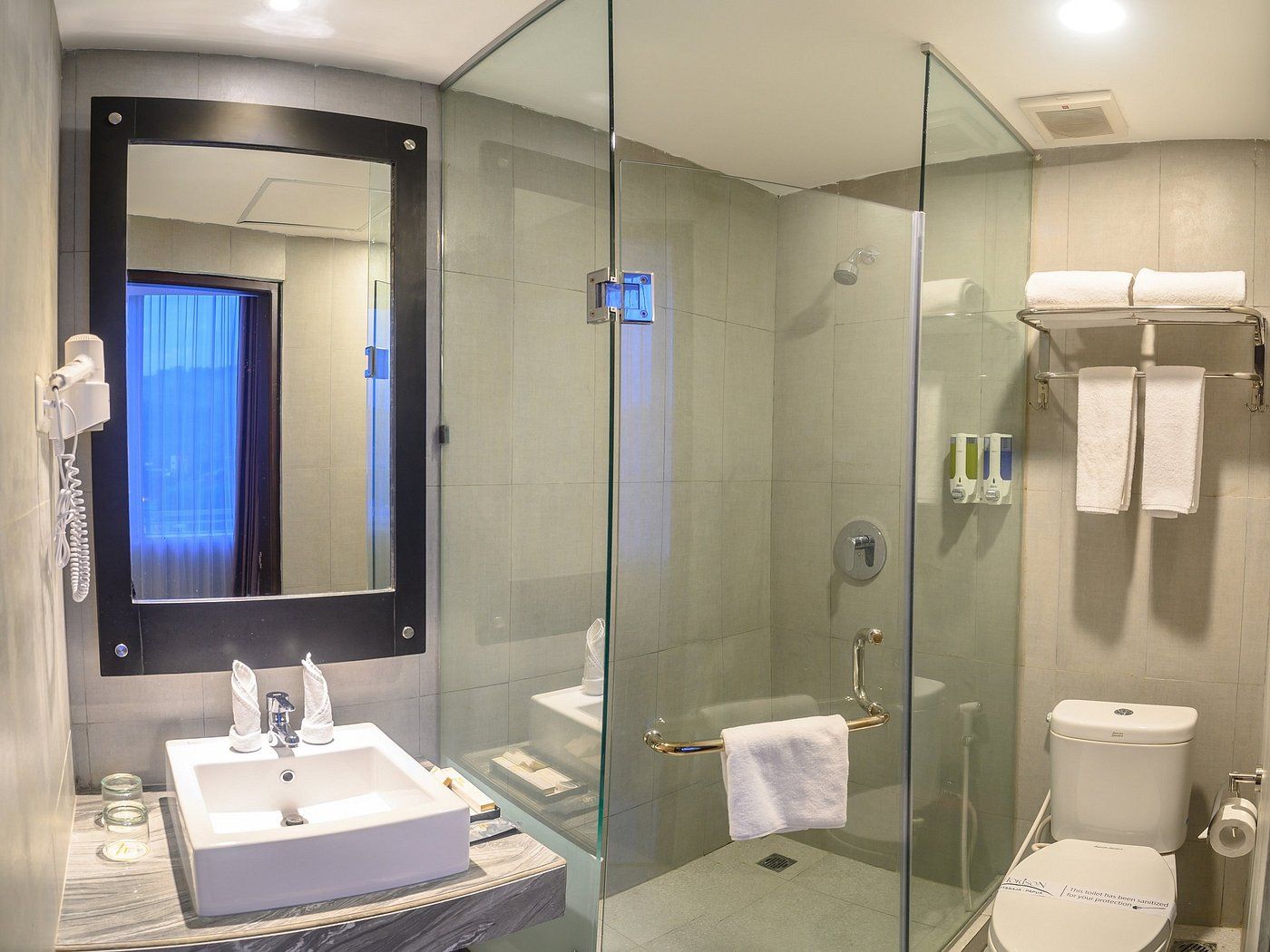 Une salle de bain moderne avec une douche à parois de verre, un grand miroir, un lavabo blanc et des toilettes.