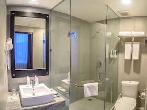 Ein modernes Badezimmer mit einer Duschkabine, einem großen Spiegel, einem weißen Waschbecken und einer Toilette.