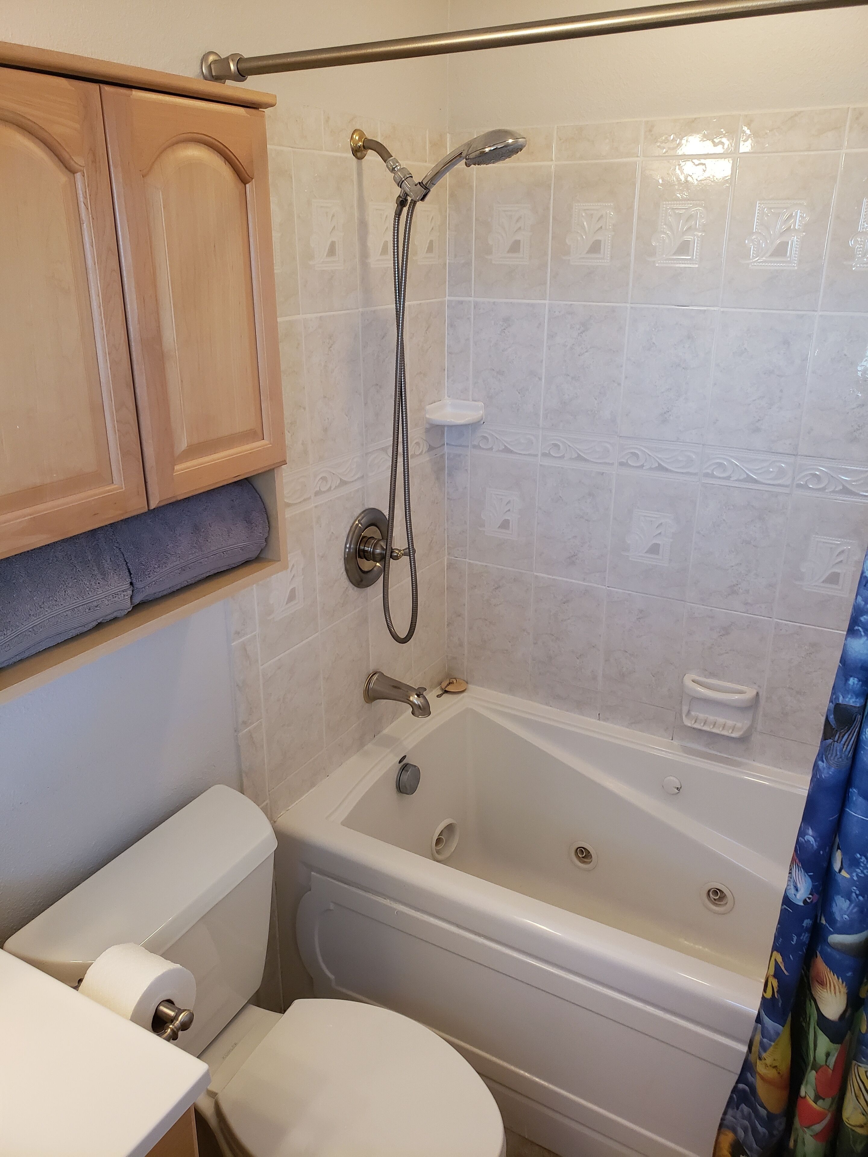 A bathroom with a bathtub, toilet, and shower.
