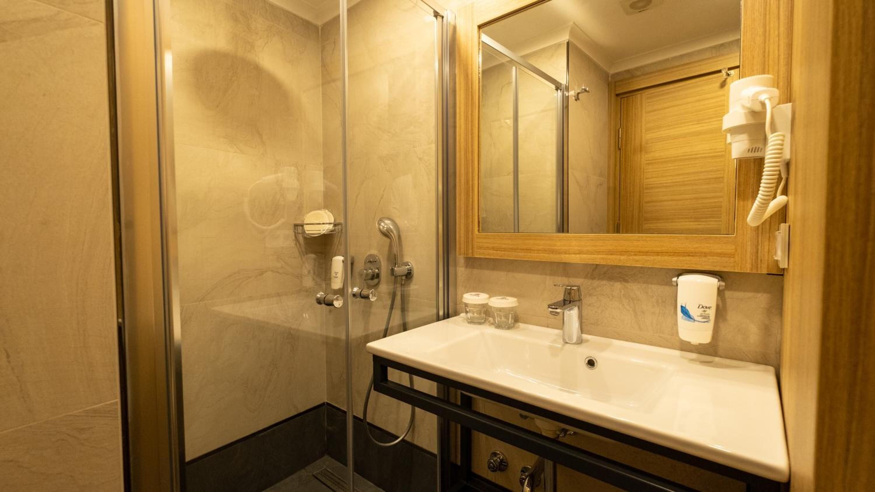 standard double or twin room | bathroom | shower, hydromassage showerhead, hair dryer, slippers