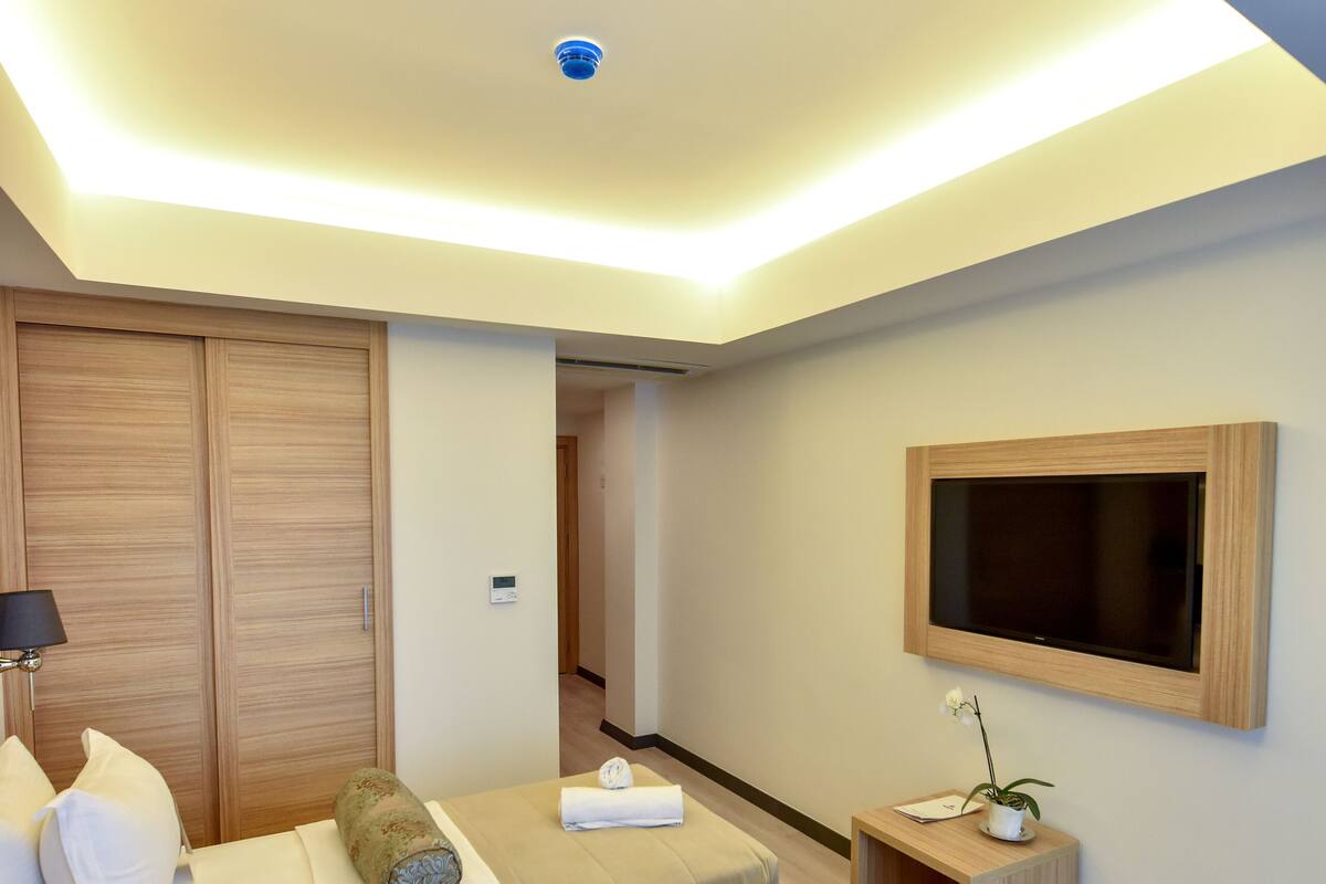 A modern hotel room with two beds, a flat-screen TV, a small table with a potted plant, and a wooden wardrobe.
