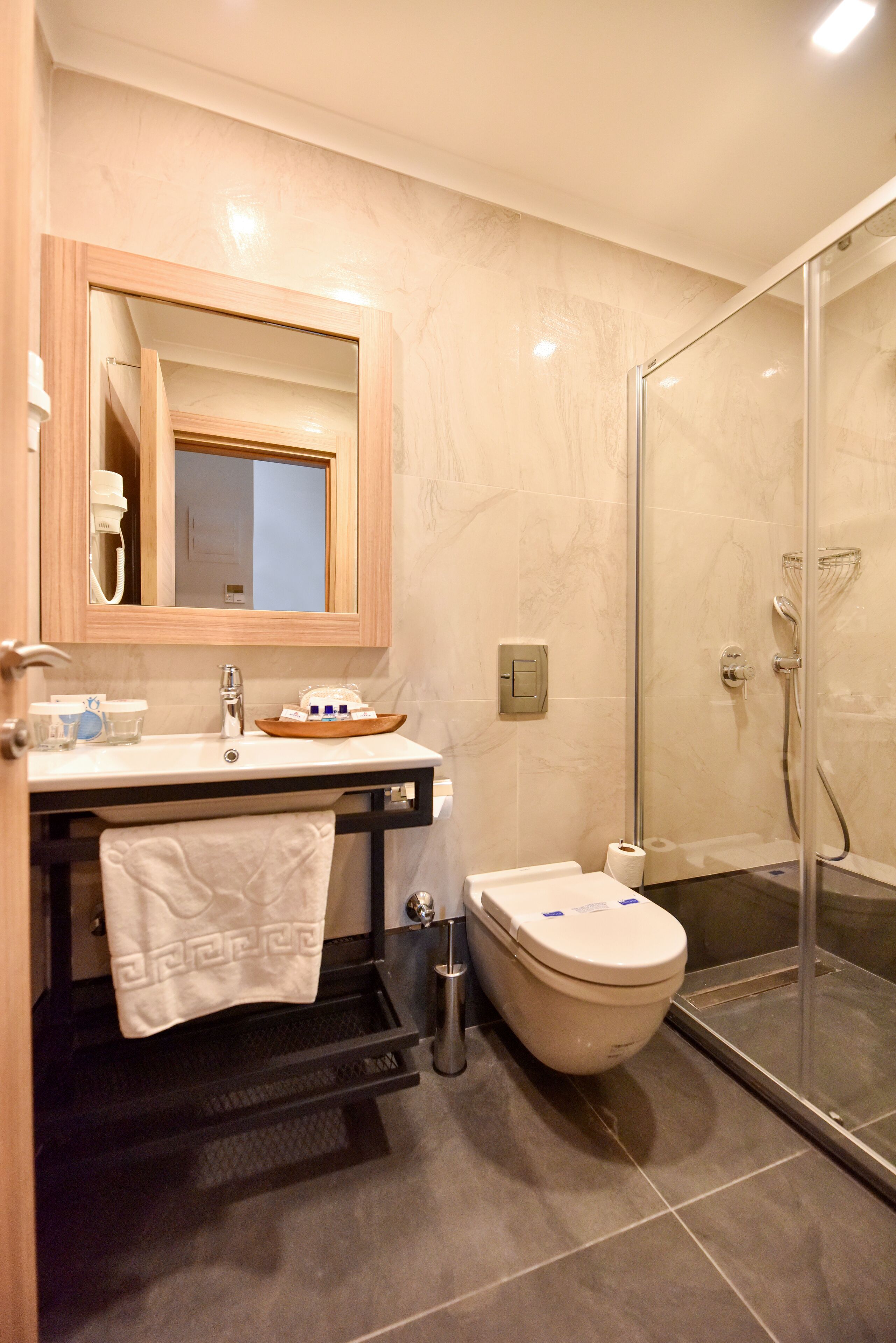 deluxe double or twin room | bathroom | shower, hydromassage showerhead, hair dryer, slippers