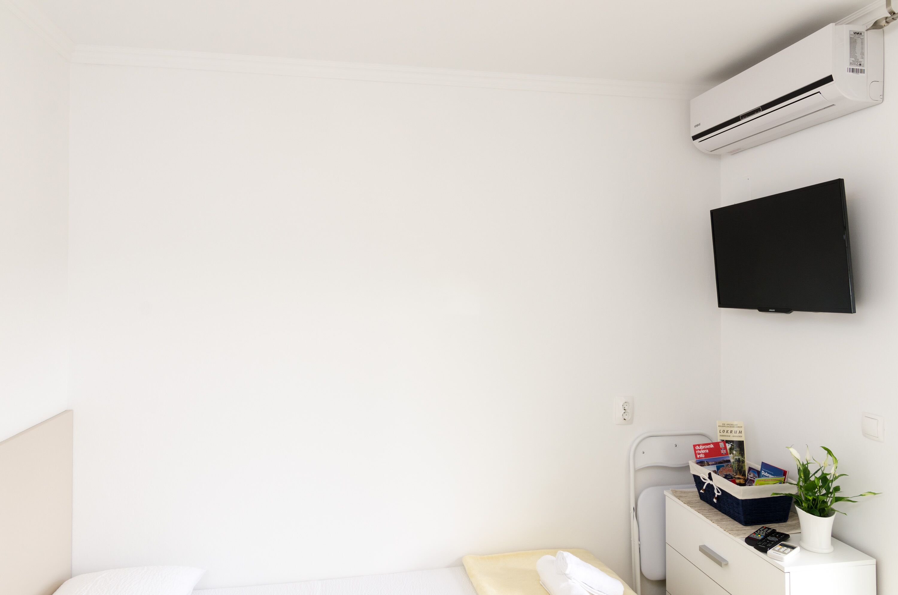 Een hotelkamer met een bed, een nachtkastje met een plant, een televisie en een airconditioning.