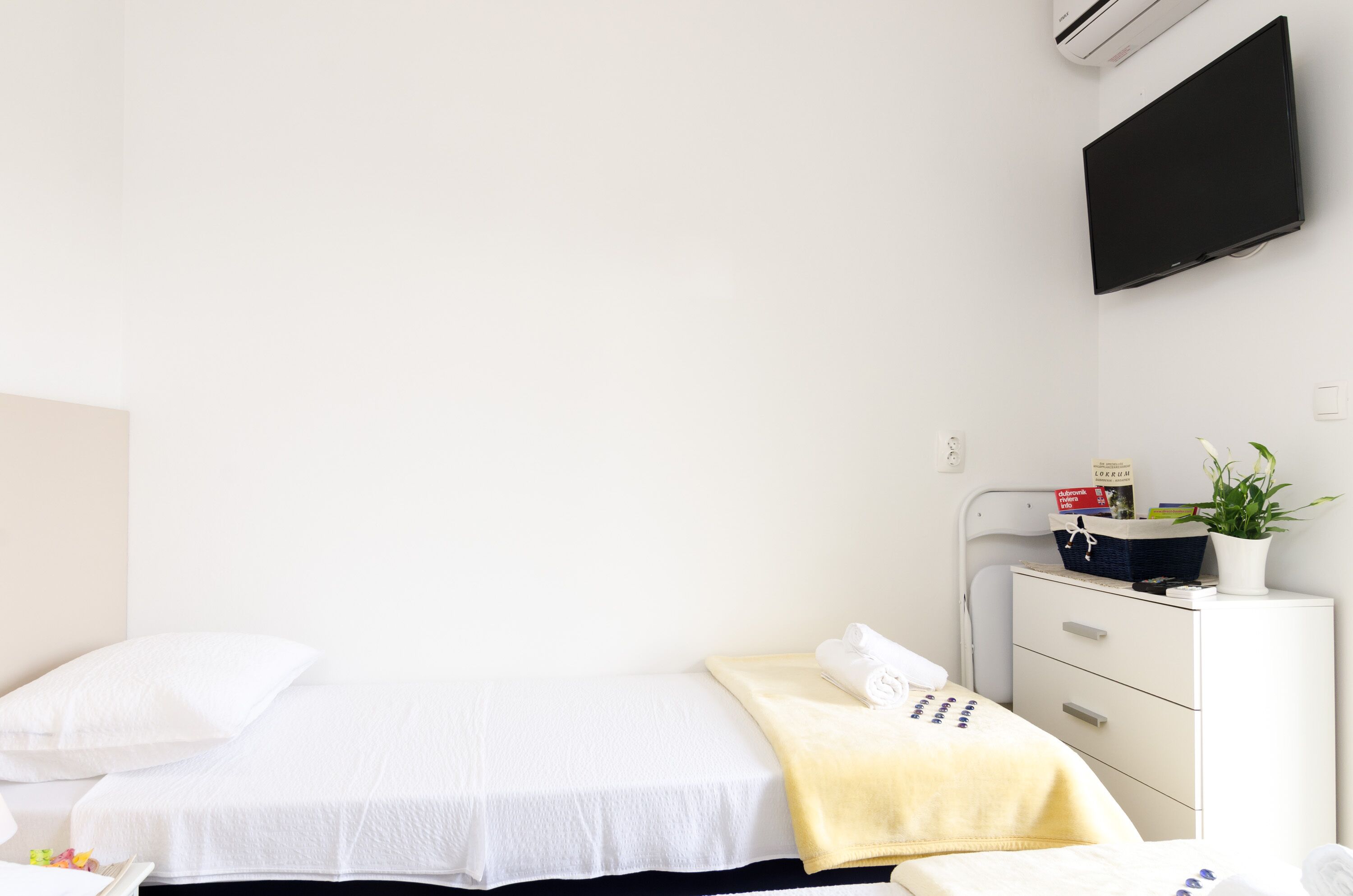 Een hotelkamer met een bed, een nachtkastje met een plant, een aan de muur bevestigde televisie en een klein bureau met lades.