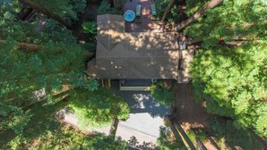A wooden deck with a hot tub, surrounded by dense trees.