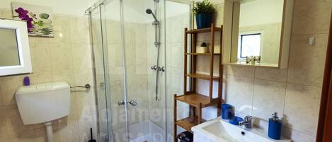 Regadera, secadora de cabello, toallas