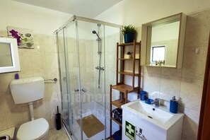 Shower, hair dryer, towels