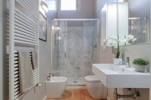 Shower, hair dryer, bidet, towels
