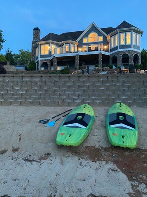On the beach, sun loungers