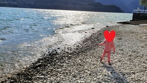 A pebbled beach with a rocky shoreline and a pier in the background.