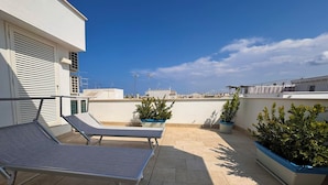 Una terraza en la azotea con dos tumbonas, plantas en macetas y una vista despejada del horizonte de la ciudad.