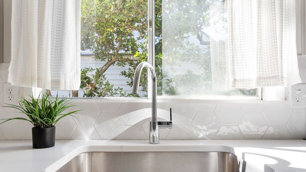 A kitchen with a stainless steel sink, a potted plant, and a window with curtains. - Casa Bella - Suite A | Downtown Beauty from 1800s (Charleston)