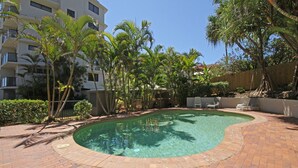 A clear swimming pool surrounded by palm trees and a brick patio. - Unit 1 'Phoenix' /1736 David Low Way, Coolum Beach (Coolum Beach)