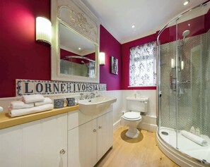 Shower, hair dryer, soap, shampoo