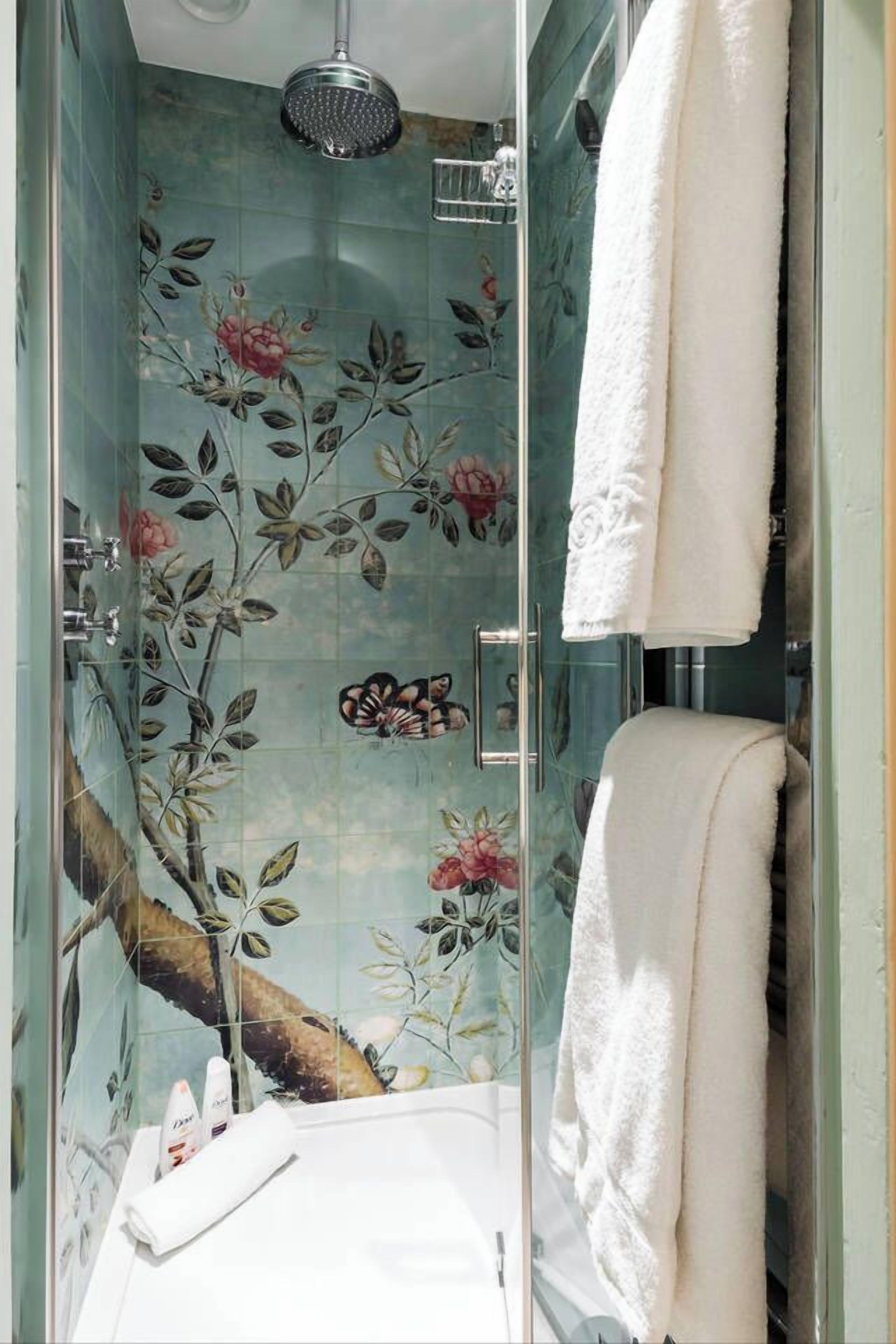 Shower, hair dryer, soap, shampoo
