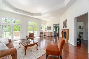 Télévision, cheminée, lecteur de DVD, livres