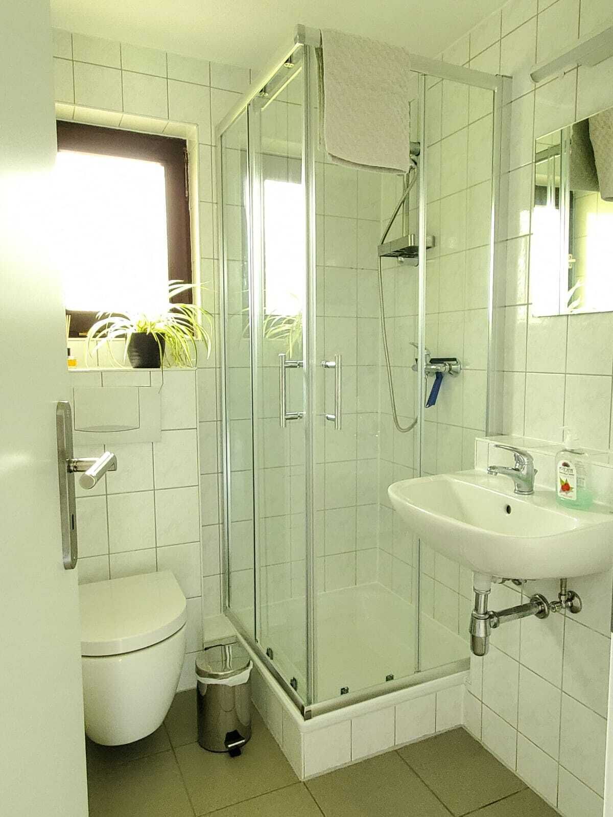 Dusche, Haartrockner, Handtücher, Seife
