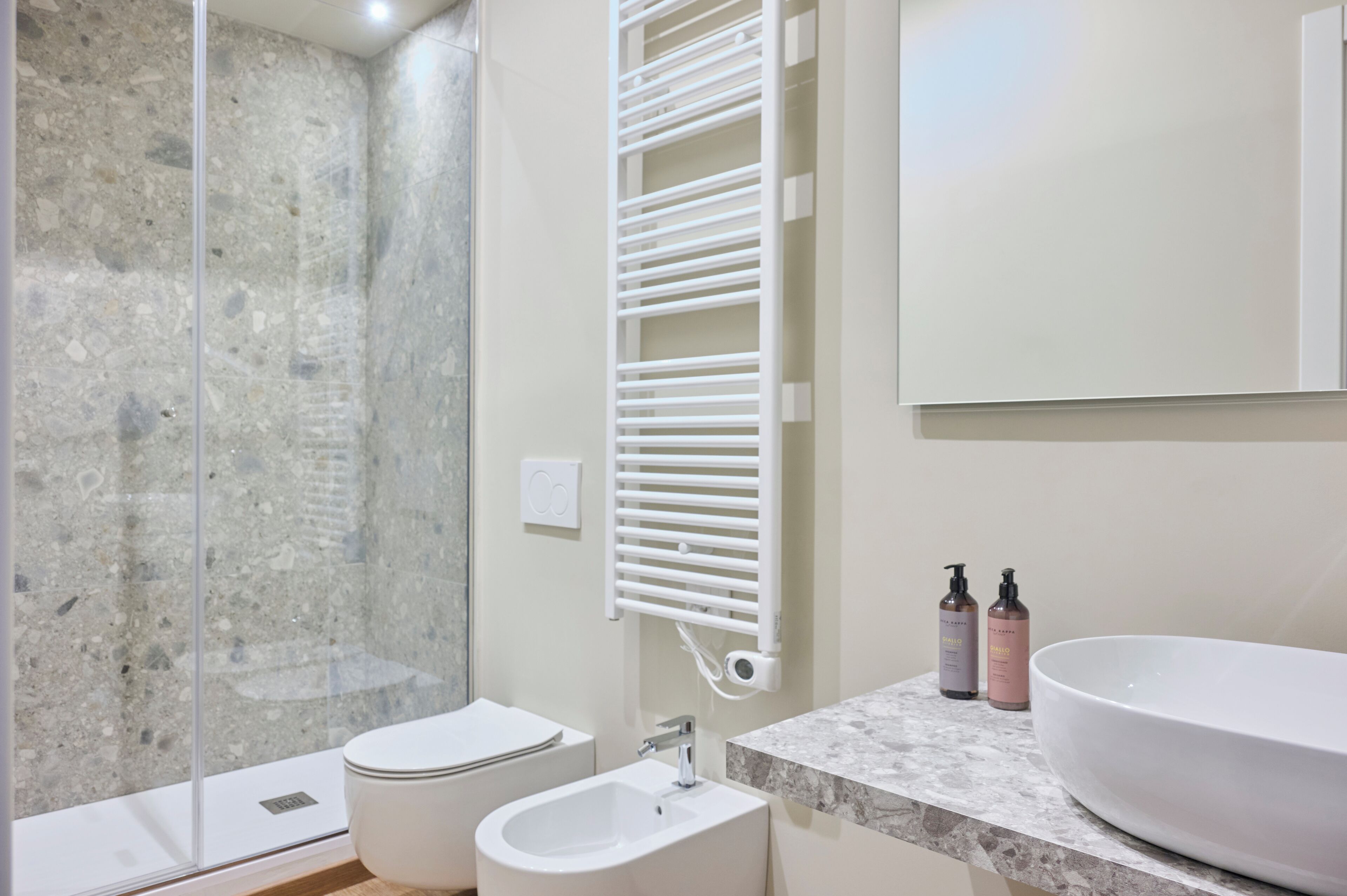 A bathroom with a glass shower enclosure, a white toilet, a bidet, a large sink, and a towel rack.