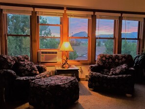 Télévision, cheminée, lecteur de DVD, livres