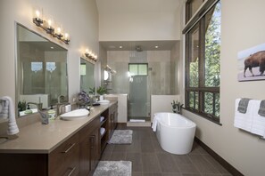 Combined shower/bathtub, hair dryer, towels