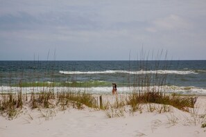 A beach with waves and a person walking.