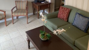 A living room with a green sofa, a wooden coffee table with a plant, a television on the wall, and a window with blinds. - Elis Apartments Unit 6 (Ocean City)