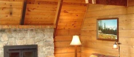 Televisio, takka, DVD-soitin, pöytätennispöytä