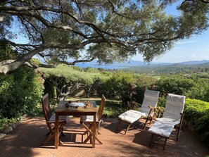 Eine Terrasse mit Holztisch und -stühlen, umgeben von üppiger Bepflanzung und einem malerischen Ausblick auf die Landschaft.
