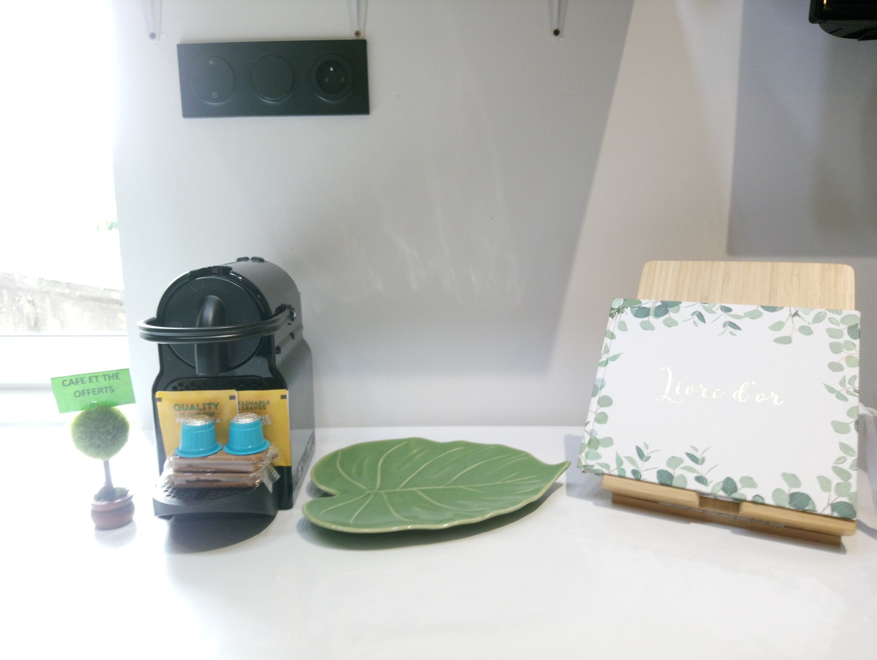 A coffee machine, a green leaf-shaped plate, a small potted plant, and a framed sign with text.