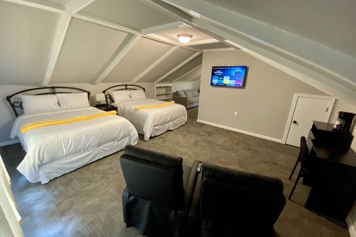 Family Room, 2 Queen Beds, Non Smoking | Memory foam beds, desk, laptop workspace, blackout drapes