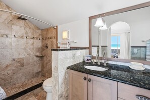 Combined shower/bathtub, hair dryer, towels, soap
