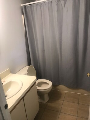 Une salle de bain avec des toilettes, un lavabo et un rideau de douche.