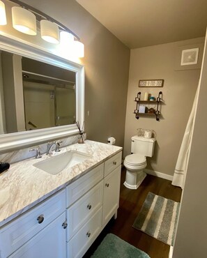 A bathroom with a marble sink, white cabinets, a toilet, and a shower curtain. - Edgewater #4 Moose (Polson)