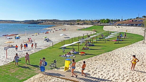 A beach with a grassy area, umbrellas, and people.