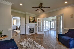 Smart TV, fireplace, DVD player, foosball