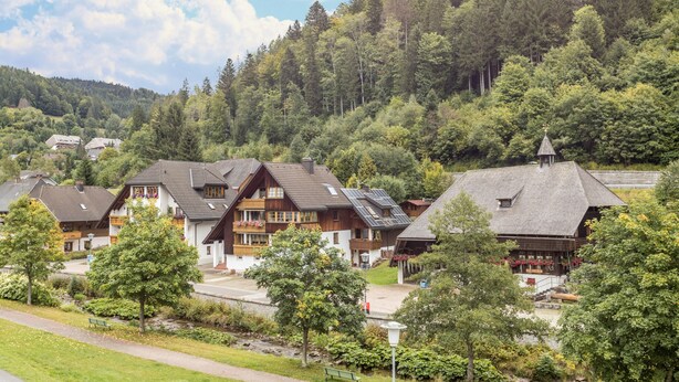 A cluster of traditional wooden houses with sloped roofs, surrounded by lush greenery and a forested hillside. - Apartment "Am Wehrastrand 5" in a Spa Town in the Southern Black Forest with Mountain View (Todtmoos)