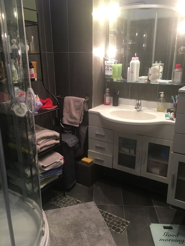 Sèche-cheveux, serviettes fournies, savon, shampoing