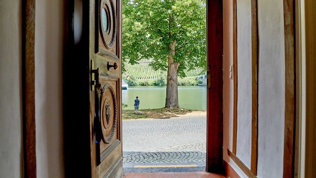 Una puerta que da a un patio con un árbol y vistas de un río.